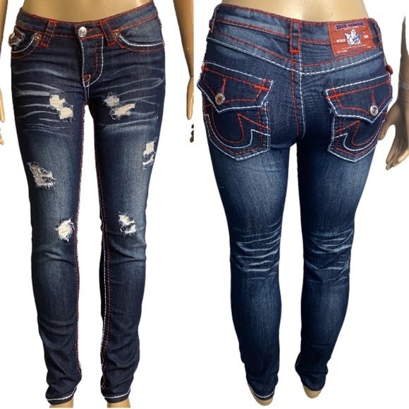 Y2K True religion Jeans Urban Cow Bill Big T Distress Skinny green Blue Size 28 - Picture 1 of 16